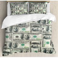 Ambesonne Money King Size Duvet Cover Set, Dollar Bills of United States Federal Reserve with the Portrait of Ben Franklin, Decorative 3 Piece Bedding Set with 2 Pillow Shams, Pale Green Gre