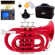 Mendini by Cecilio Red Bb Pocket Trumpet w1 Year Warranty, Tuner, Stand, Pocketbook and Deluxe Case, MPT-RL
