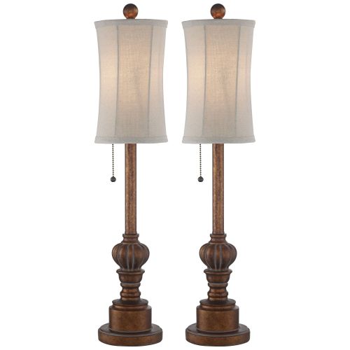  Regency Hill Traditional Buffet Table Lamps Set of 2 Warm Brown Wood Tone Tall Fabric Drum Shade for Dining Room
