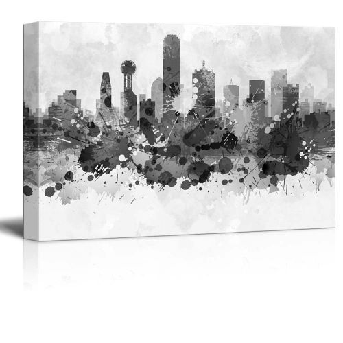  Wall26 wall26 Black and White City of Dallas in Texas with Watercolor Splotches - Canvas Art Home Decor - 12x18 inches