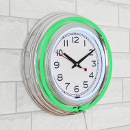 Trademark Art Retro Neon Wall Clock - Battery Operated Wall Clock Vintage Bar Garage Kitchen Game Room  14 Inch Round Analog by Lavish Home (Green and White)