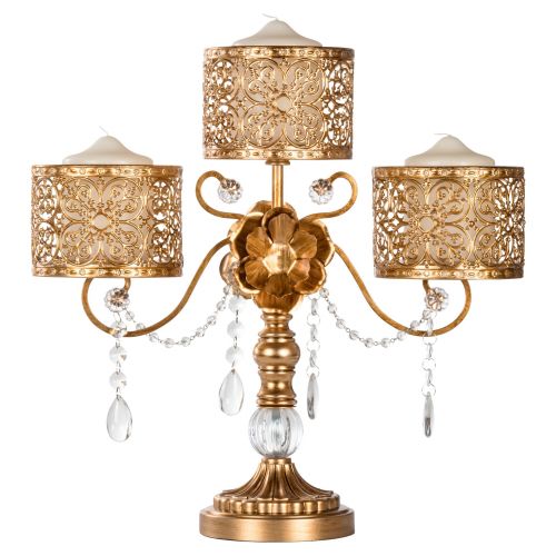  Amalfi Decor Antique 3 Pillar Crystal-Draped Hurricane Candle Holder Centerpiece (Gold) | Stainless Steel Frame with Glass Crystals