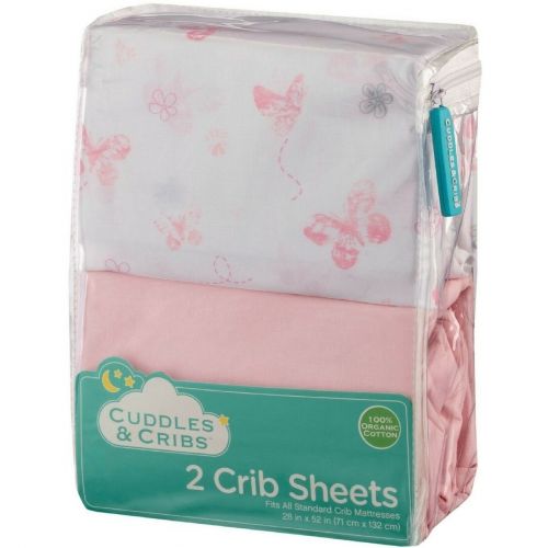  Cuddles & Cribs - 2 Pack Organic Cotton Fitted Crib Sheets for Baby & Toddler - Butterfly & Pink