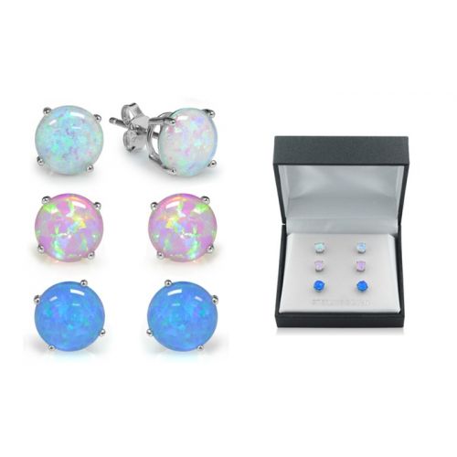  Sterling Silver Trio Blue, White, and Pink Opal Earring Set (3-Pair)