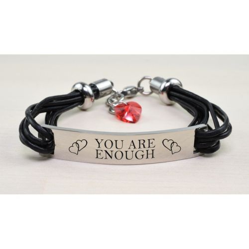  Genuine Leather Inspirational Bracelet with Crystals from Swarovski with Free Leather Heart Charm Bracelet by Pink Box