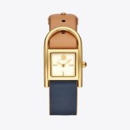 Tory Burch THAYER WATCH, BEIGE & NAVY LEATHER/GOLD-TONE, 25 x 39 MM
