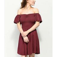 LOVE, FIRE Love, Fire Abby Off The Shoulder Smocked Burgundy Dress