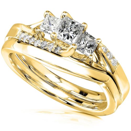  Annello by Kobelli 14k Yellow Gold 12ct TDW Princess Diamond Curved Three Stone Bridal Ring Set by Annello