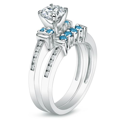  Auriya 14k Gold 1ct TDW Round Blue and White Diamond Engagement Ring Bridal Set by Auriya