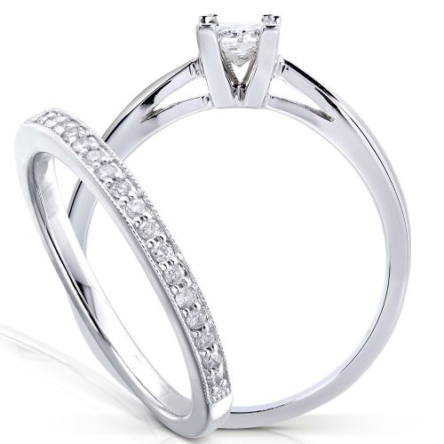  Annello by Kobelli 14k White Gold 13ct TDW Princess Solitaire and Pave Band Diamond Bridal Rings Se by Annello