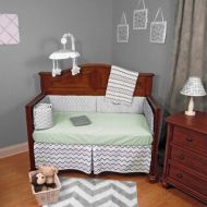 Green and Grey Cotton Chevron Zigzag 4-piece Baby Crib Bedding Set without Bumper