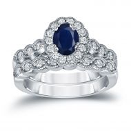 Auriya 14k Gold 1ct Oval Cut Blue Sapphire and 35ct TDW Diamond Halo Bridal Ring Set (H-I, SI1-SI2) by Auriya