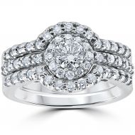 10k White Gold 1 1/10Ct Round Cut Diamond Trio Halo Engagement Guard Wedding Ring Set by Bliss