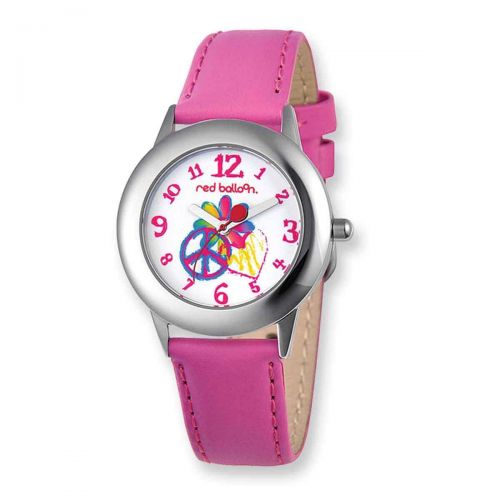  Red Balloon Peace Pink Leather Band Tween Watch