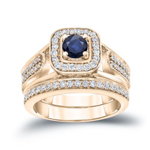  14k Gold Vintage 16ct Sapphire and 12ct TDW Halo Diamond Engagement Ring Set by Auriya by Auriya