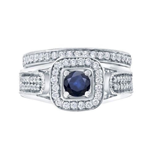  14k Gold Vintage 16ct Sapphire and 12ct TDW Halo Diamond Engagement Ring Set by Auriya by Auriya