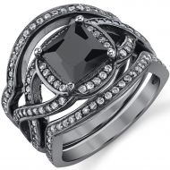 Oliveti Black Rhodium Sterling Silver Engagement Ring Bands, Bridal set Black Princess Cubic Zirconia by Oliveti
