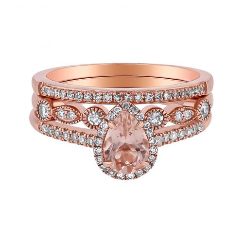  14k Rose Gold 13ct TDW Pear Morganite and Diamond Halo 3 Ring Wedding Set by BHC