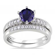 Miadora 10k Gold Created Sapphire and 13ct TDW Diamond Bridal Ring Set (H-I, I2-I3) by Miadora