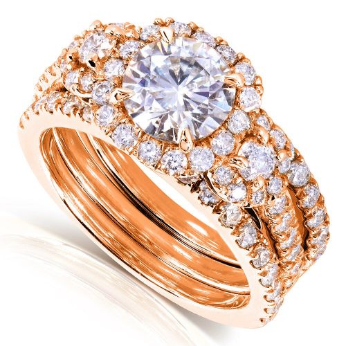  Annello by Kobelli 14k Gold 2 13ct TGW Moissanite (HI) and Diamond 3-piece Halo Bridal Rings Set by Annello
