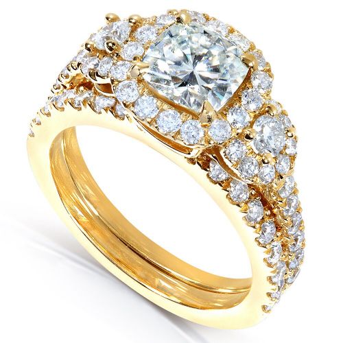  Annello by Kobelli 14k Gold Cushion-cut 2 16ct TGW Moissanite (HI) and Diamond Triple Halo Bridal Ring Set by Annello