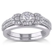 Miadora 10k White Gold 12ct TDW Diamond 3-stone Halo Bridal Ring Set by Miadora
