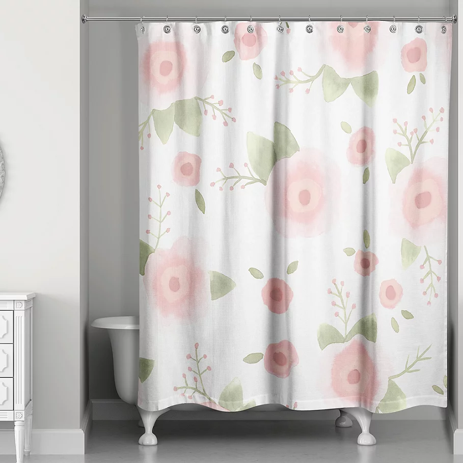 Designs Direct Spring Watercolor Florals 74-Inch Shower Curtain in PinkGreen