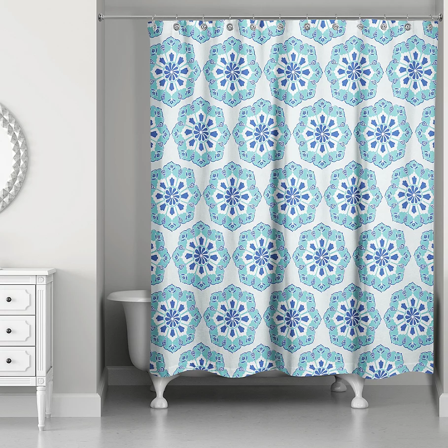 Designs Direct Boho Blue 71-Inch x 74-Inch Shower Curtain in TealWhite