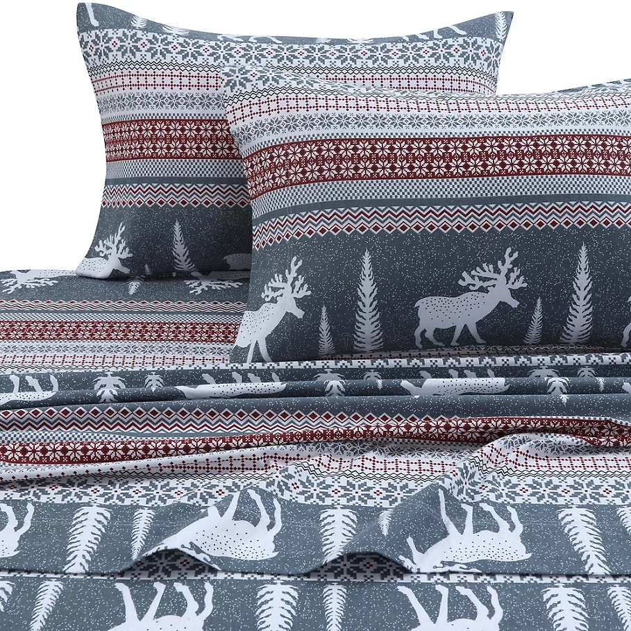 Tribeca Living 170 GSM Winter Reindeer Flannel Sheet Set