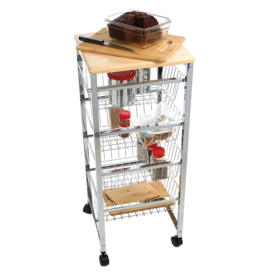 Mind Reader Wire Basket Kitchen Cart with Wood Surface in Silver