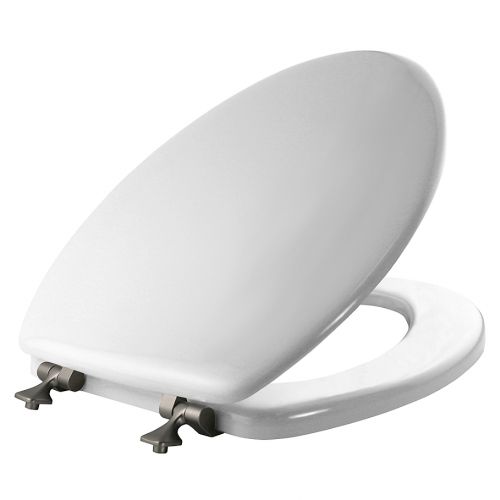  Mayfair Elongated Molded Wood Toilet Seat with Brushed-Nickel Hinge in White