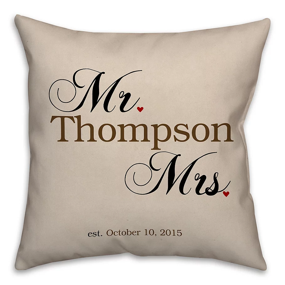 Mr. and Mrs. Established Square Throw Pillow in Beige