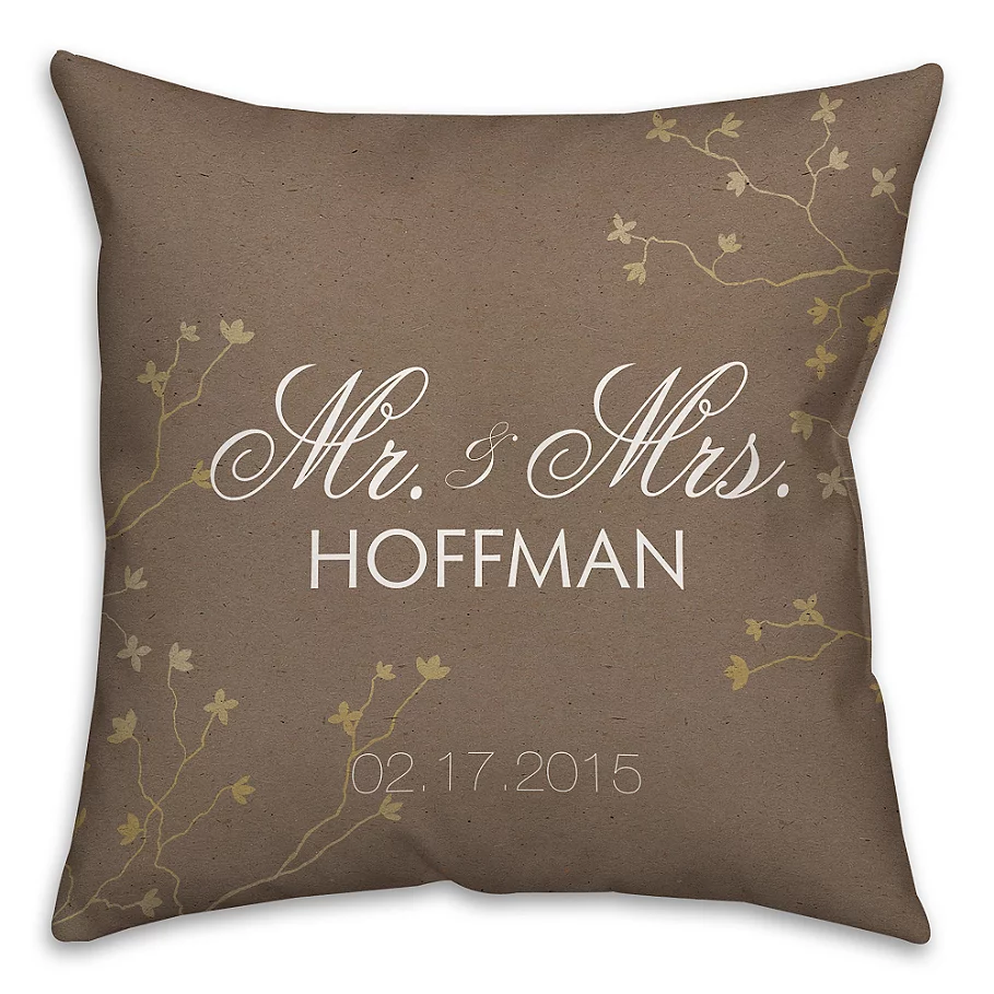 Mr. and. Mrs. Golden Branch Square Throw Pillow in Brown