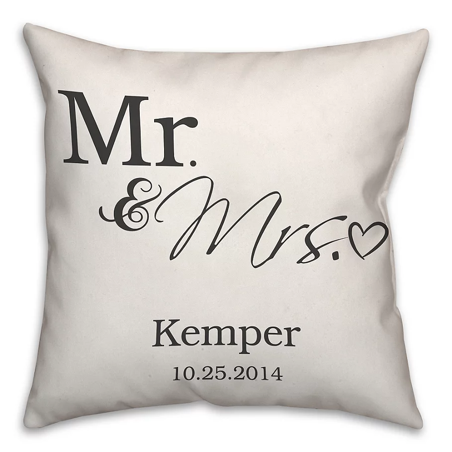Mr. and Mrs. Scripted Heart Square Throw Pillow in White