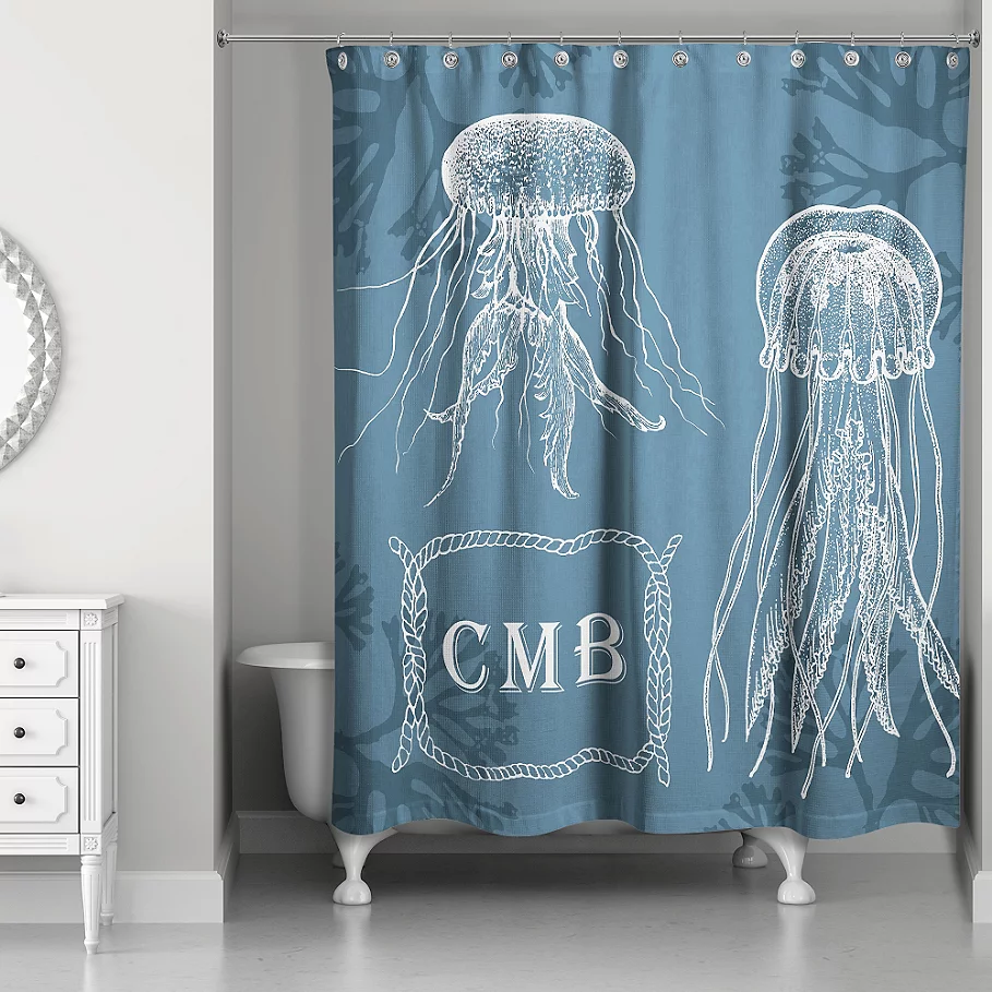 Jelly Fish Personalized Shower Curtain in WhiteBlue