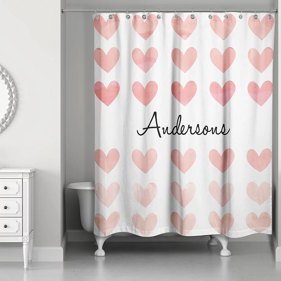 Simple Hearts Personalized Shower Curtain in WhitePink