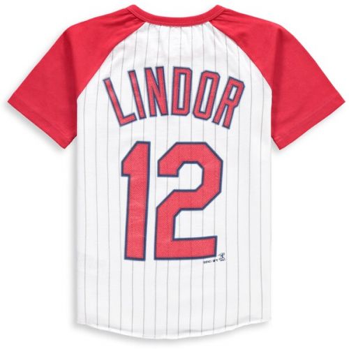  Youth Cleveland Indians Francisco Lindor Majestic WhiteRed Game Day Pinstripe Name & Number Henley T-Shirt