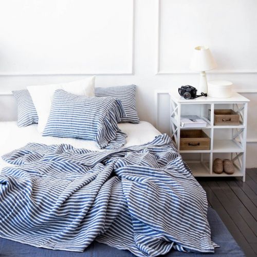  DejavuLinen Soft linen duvet set blue white striped - nautic pure linen duvet cover, pillowcases - blue striped Twin Queen Cal King linen bedding set