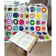 Hookloopsarah CUSTOM Crochet Flower Stroller Blanket Throw, floral hippie decor Lapghan, Boho Sofa Pram Crib Cover, colorful Granny chunky, Rainbow Decor
