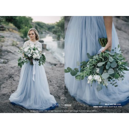  StylishBrideAccs Dusty Blue & Indigo Ombre Wedding Tulle Skirt, Ombre Blue Tulle Skirt Bridal Dress, Rustic 2019 Engagement Ombre Skirt