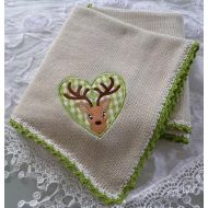 MANAStrickdesign Baby Blanket, knitting blanket, cover knitted, cuddly blanket, wagon blanket, country house, deer, stop application deer, application deer, embroidery