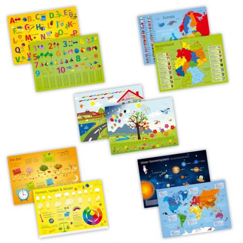  Nikimashop Set of 5 table sets with learning effect for children * Nikima * for dining table printed on both sides ABC 123 world map Time-color Placeset