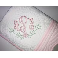 SewCuteBabyQuiltsUS Simple Floral Monogrammed Personalized Baby Girl Keepsake Quilt Blanket