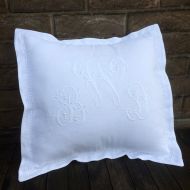 LinenAndLetters White Linen Monogram Pillow, 16 x 16 Personalized Machine Embroidery, Hemstitch Throw Bed Pillow, Scatter Cushion, Heirloom Wedding Gift