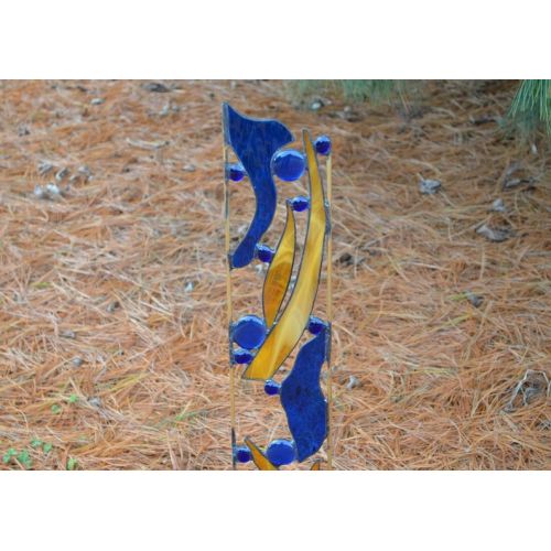  WindsongGlassStudio Stained Glass Garden Decoration. Yard Art in Blue and Amber. Rushes Along the Banks