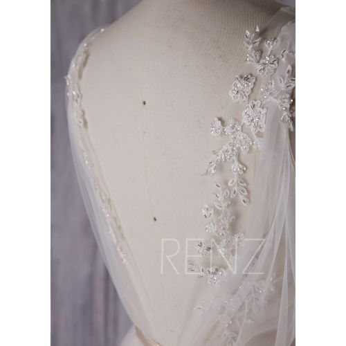  RenzBridal Wedding Dress Off White Tulle Dress V Neck Bridal Dress Lace Illusion Backless Bride Dress Train Maxi Dress Sleeveless Evening Dress(LW192)