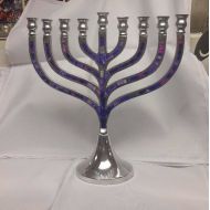 ShukisJudaica Hanukkah menorah in Traditional Silver Aluminum with Purple Mosaic Inlay design, Silver Aluminum Hanukia