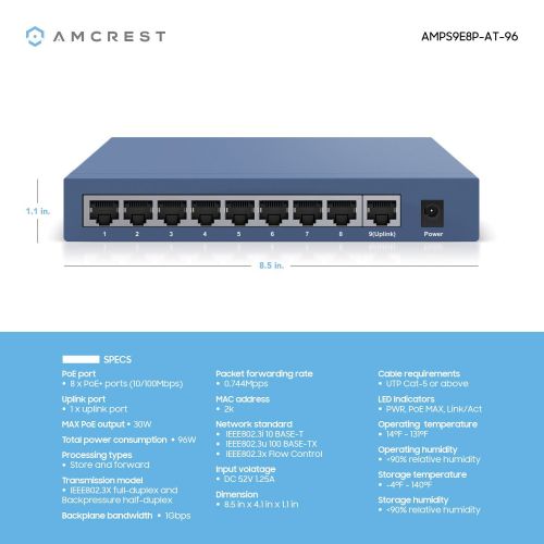  Amcrest 9-Port POE+ Power over Ethernet POE Switch with 8-Ports POE+ 802.3at 96w (AMPS9E8P-AT-96)