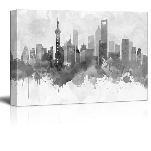  Wall26 wall26 Black and White City of Shanghai in China with Watercolor Splotches - Canvas Art Home Decor - 24x36 inches
