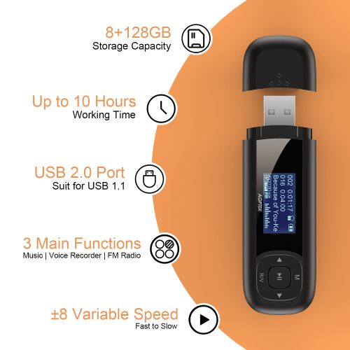  AGPTEK 8GB MP3 Player, Music Player with FM Radio, USB Drive, Recording ,Supports up to 32GB, U3 Black